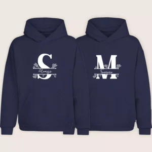 Navy blue monogram couple hoodies with S Always and M Forever initials in a matching set