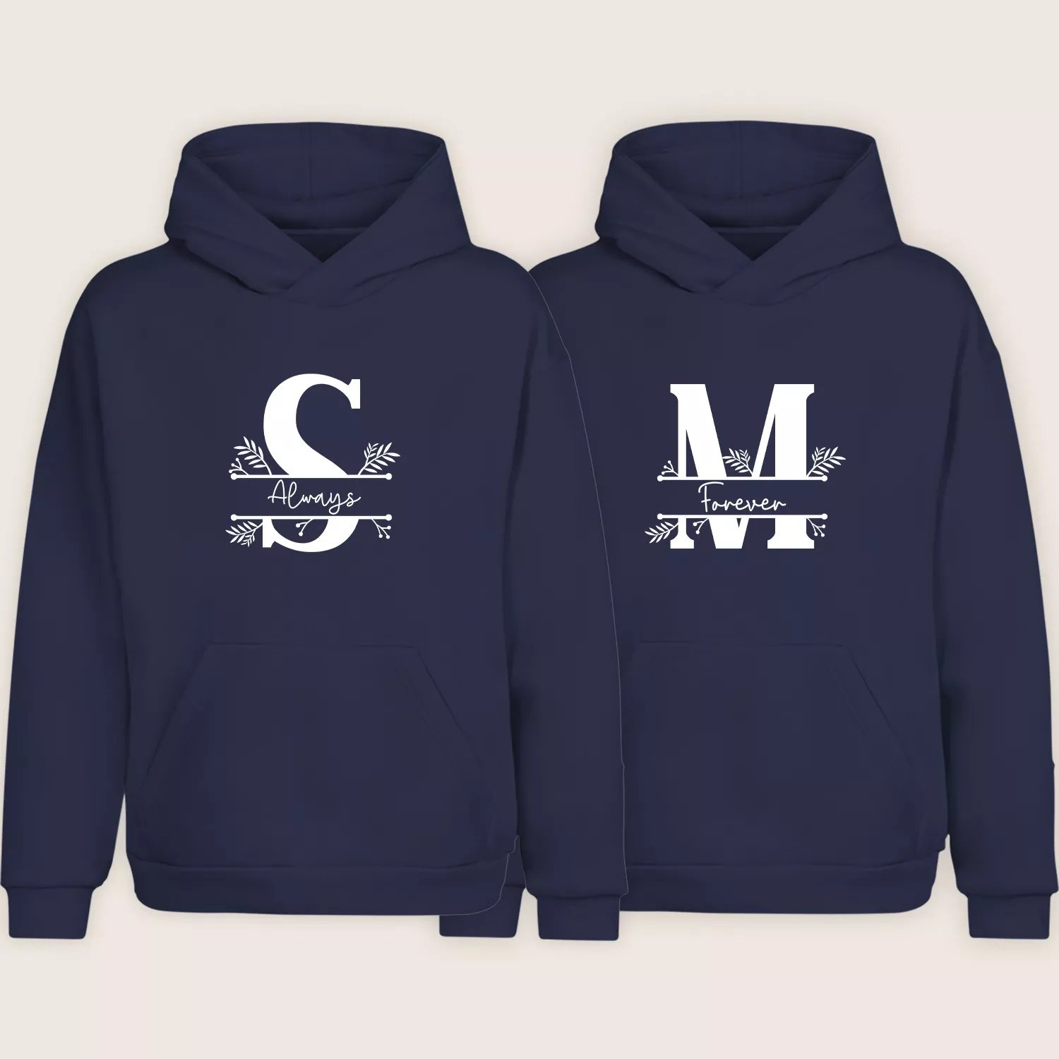 Navy blue monogram couple hoodies with S Always and M Forever initials in a matching set