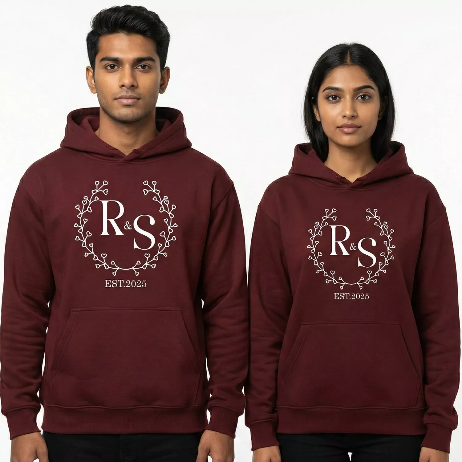 Maroon personalized monogram initials couple hoodies with R and S design and EST 2025 print
