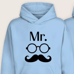 Close-up of Mr hoodie in light blue with cartoon glasses and mustache design