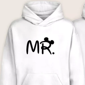 White MR hoodie with Mickey-inspired typography for couple hoodie set