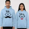 Mr and Mrs matching couple hoodies in light blue with cartoon glasses and mustache/lips design