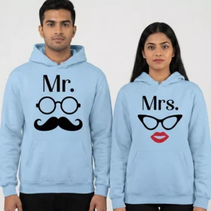 Mr and Mrs matching couple hoodies in light blue with cartoon glasses and mustache/lips design
