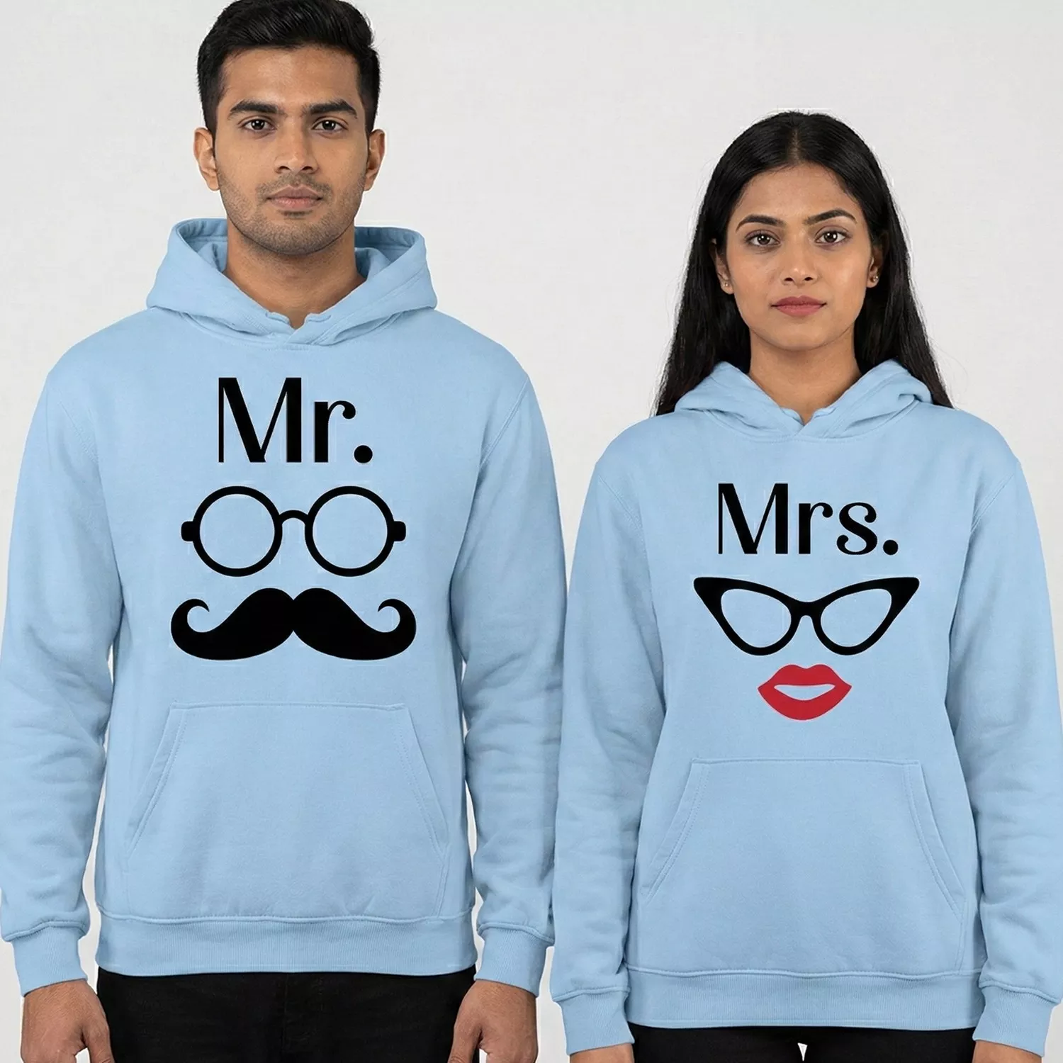 Mr and Mrs matching couple hoodies in light blue with cartoon glasses and mustache/lips design