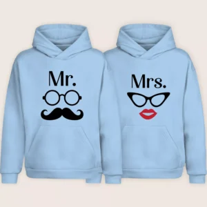 Light blue Mr and Mrs matching couple hoodies with cartoon glasses, mustache, and lips design