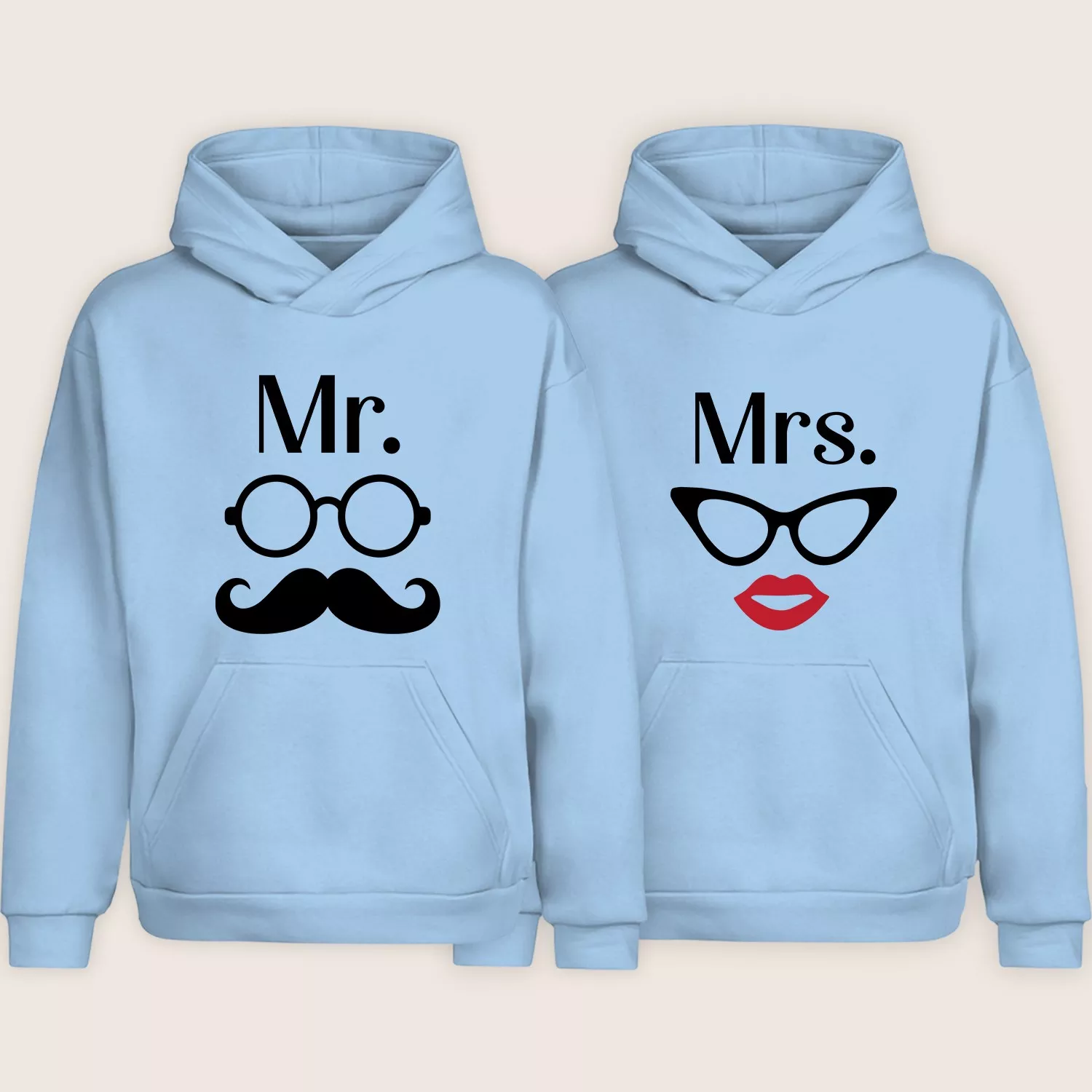 Light blue Mr and Mrs matching couple hoodies with cartoon glasses, mustache, and lips design
