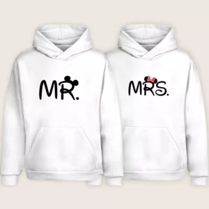 White MR and MRS Mickey-style matching couple hoodies with cute printed design