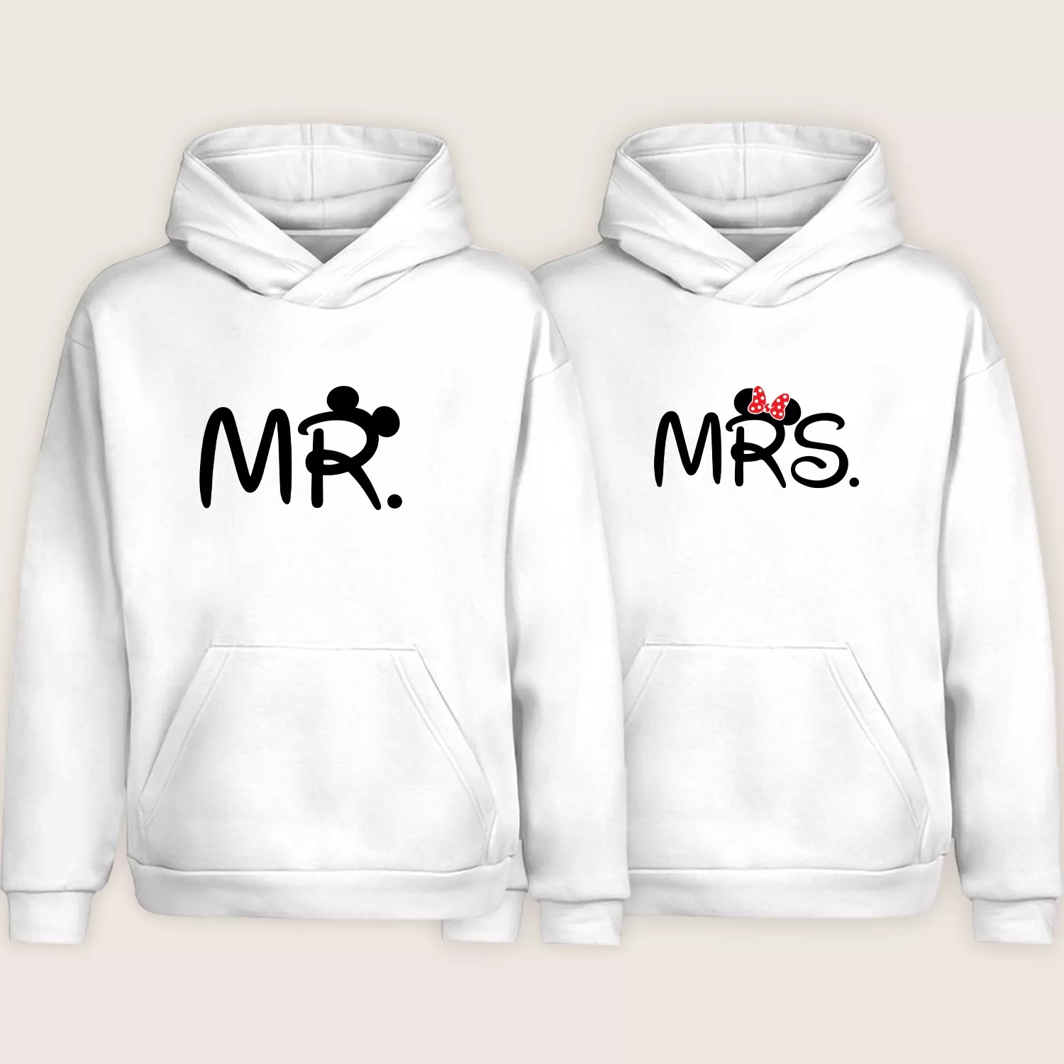 White MR and MRS Mickey-style matching couple hoodies with cute printed design