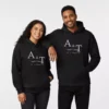 Personalized his and hers name customization couple hoodies with custom initials printed on matching black hoodies