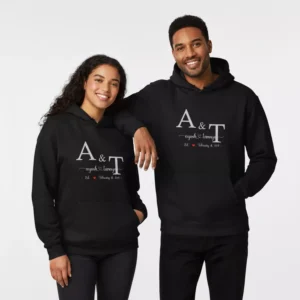 Personalized his and hers name customization couple hoodies with custom initials printed on matching black hoodies
