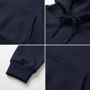 Navy blue hoodie collage showing pocket, drawstring hood, cuffs, and stitching details for personalized couple hoodies