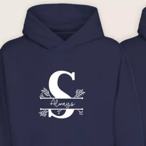Close-up of navy blue monogram S initial hoodie with Always text for personalized couple design