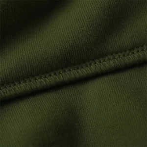 Close-up texture and stitching detail of olive green hoodie fabric used for personalized hoodies