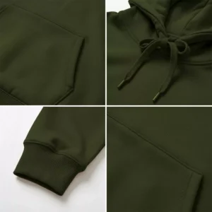Olive green hoodie close-up collage showing pocket, drawstring, cuffs, and stitching details for personalized couple hoodies