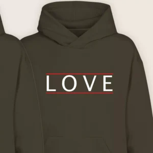 Close-up of brown couple hoodie with minimal “LOVE” typography design