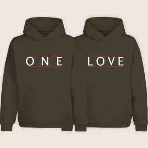Brown matching couple hoodies with minimal “One Love” typography design