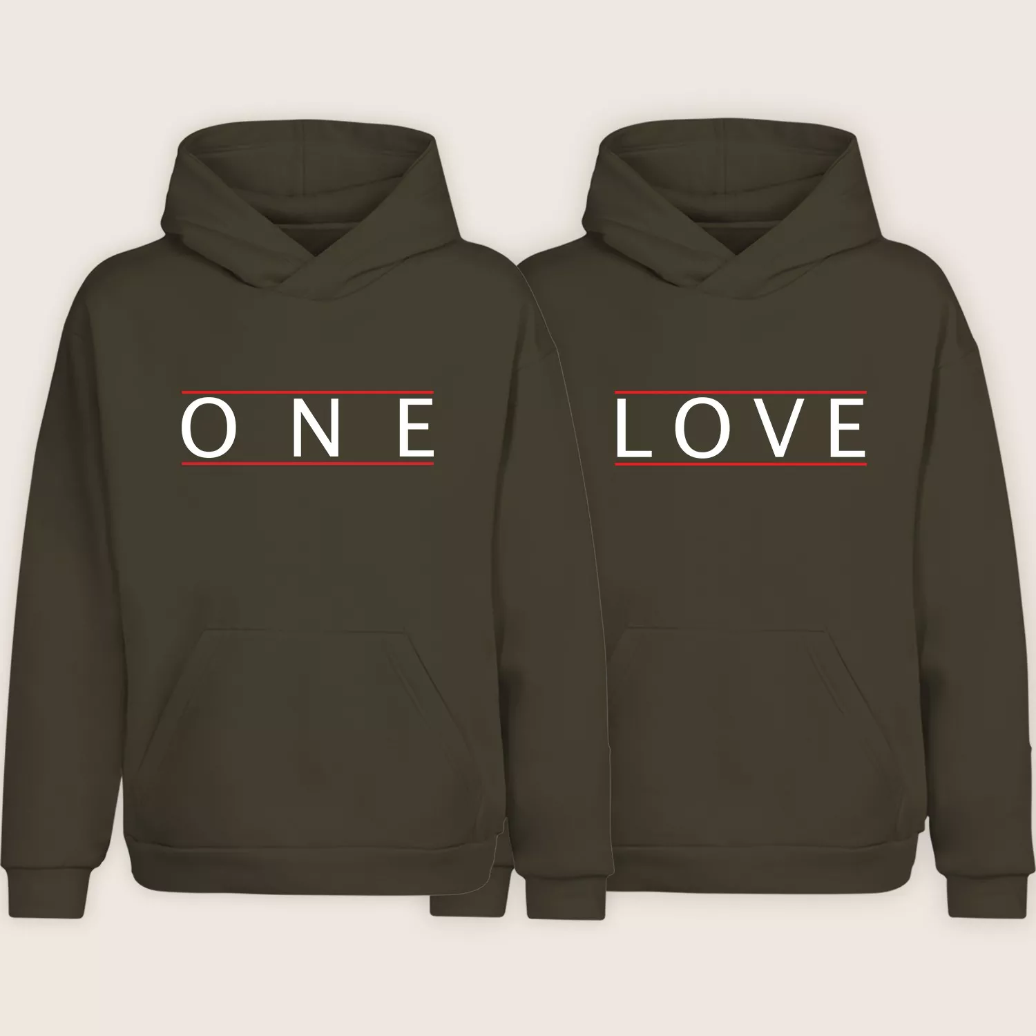 Brown matching couple hoodies with minimal “One Love” typography design