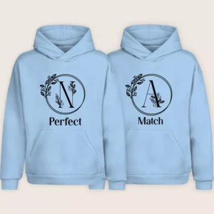 Light blue personalized couple hoodies with custom initials N and A and “Perfect Match” printed design.