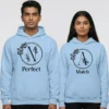Personalized Matching Bold Initials Couple Hoodies in light blue with custom initials N and A printed as “Perfect Match”.