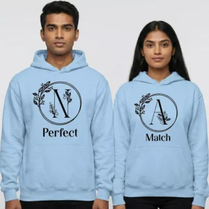 Personalized Matching Bold Initials Couple Hoodies in light blue with custom initials N and A printed as “Perfect Match”.