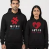matching couple hoodies perfect match puzzle with red puzzle piece and heart design showing “She’s My Perfect Match” and “He’s My Perfect Match” on black hoodies