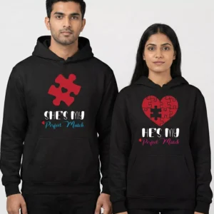 matching couple hoodies perfect match puzzle with red puzzle piece and heart design showing “She’s My Perfect Match” and “He’s My Perfect Match” on black hoodies