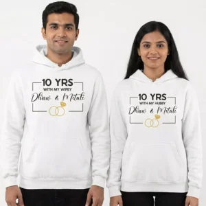 Personalized 10 year anniversary couple hoodies with custom names Dhruv and Mitali in white matching design