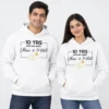 Personalized 10th anniversary couple hoodies in white with hubby wifey design, custom names and wedding rings