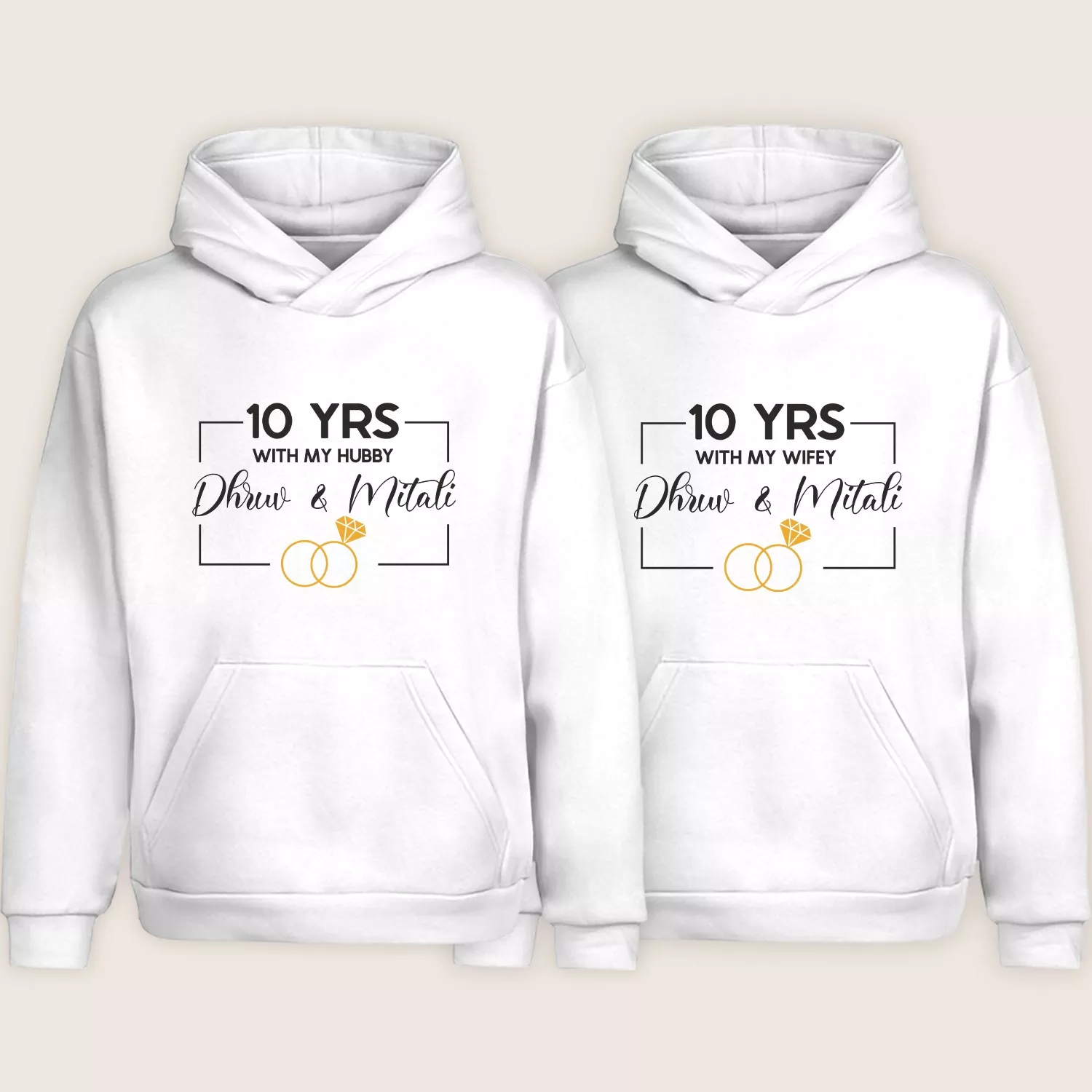 White personalized 10-year anniversary matching couple hoodies with custom names Dhruv and Mitali