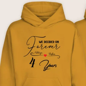 Close-up view of personalized 4-year anniversary hoodie design with Forever text and custom names