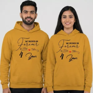 Personalized 4 year anniversary couple hoodies in mustard color with custom names and Forever design