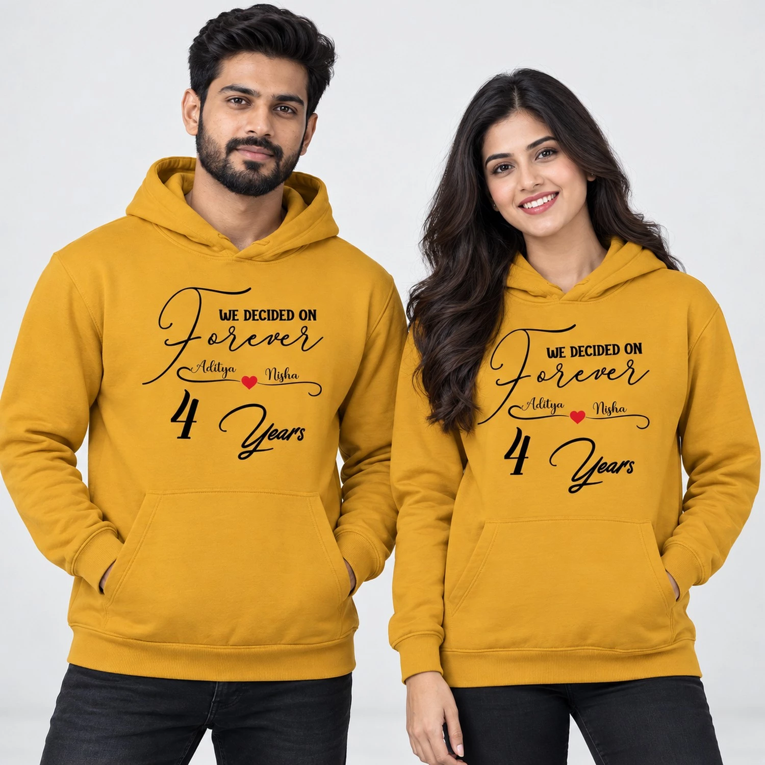 Personalized 4th anniversary couple hoodies in mustard yellow with We Decided On Forever design and custom names