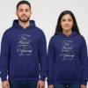 Couple wearing personalized 5th anniversary couple hoodies with “Just Married 5 Years Ago” custom design in navy blue.