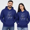 Personalized 5th anniversary couple hoodies in navy blue with Just Married 5 Years Ago design and custom names