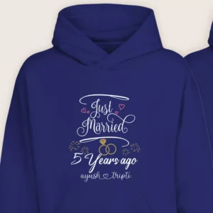 Close-up of navy blue personalized 5th anniversary hoodie with “Just Married 5 Years Ago” printed design and custom names.