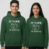 Couple wearing personalized 7th anniversary couple hoodies in green with custom names and ring design