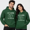 Personalized 7th anniversary couple hoodies in green with wedding ring design and custom names