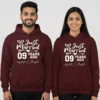 Couple wearing personalized 9th anniversary couple hoodies with “Just Married 09 Years Ago” printed design