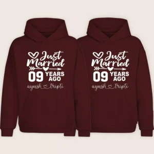 Matching maroon personalized 9th anniversary couple hoodies with “Just Married 09 Years Ago” printed design