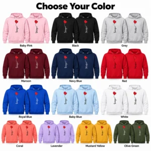 Personalized matching couple hoodies displayed in baby pink, black, grey, maroon, navy blue, red, royal blue, baby blue, white, coral, lavender, mustard yellow, and olive green.
