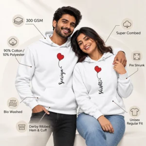 Couple wearing white personalized hoodies beside feature labels showing 300 GSM, 90% cotton 10% polyester, super combed, pre shrunk, bio washed, ribbed hem and cuff, and unisex regular fit.
