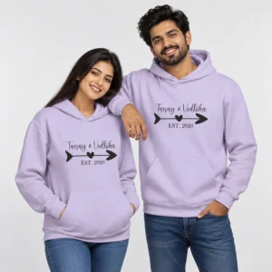 Lavender personalized couple hoodies printed with Tanay and Vedhika names, a heart arrow design, and Est 2020 text.
