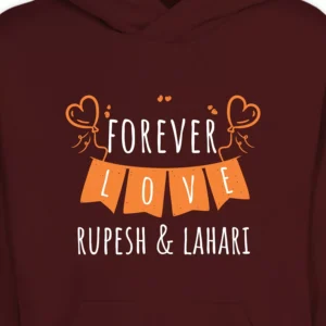 Close-up view of personalized couple hoodie with Forever Love print and custom names