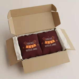 Packaged personalized couple hoodies with custom name print in a cardboard gift box