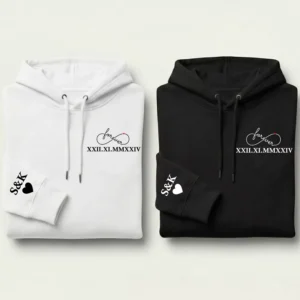 Personalized Couple Hoodies With Pocket & Sleeve Print (Custom Date & Initials)