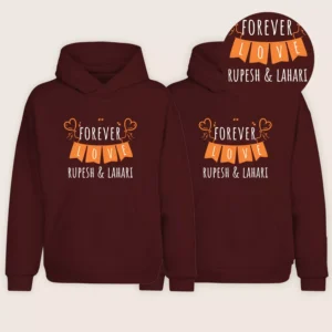 Matching personalized couple hoodies with custom name print in maroon color, forever love design