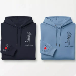 Personalized couple hoodies with names and sleeve initials featuring romantic line-art design.