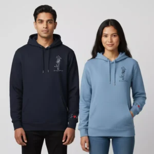 Couple wearing personalized hoodies with names and sleeve initials in matching line-art design.