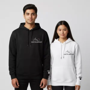 Couple wearing personalized hoodies with Roman date chest print and custom sleeve initials in black and white colors