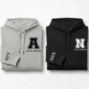 Personalized couple hoodies with roman date and large initials in grey and black